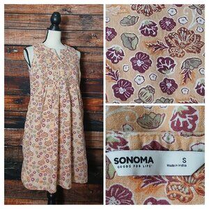 Sonoma Shift Dress S Linen Rayon Peach Floral Pin Tuck Pleat Pockets